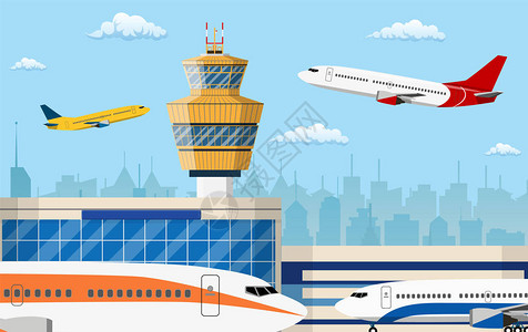 机场控制塔和飞行的民用飞机在蓝天与云彩和城市天际线轮廓起飞后平面设图片
