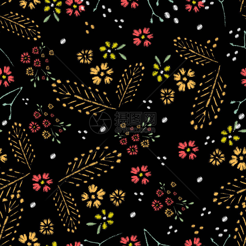 刺绣针与玫瑰草甸花蜻蜓蝴蝶甲虫手绘矢量时尚无缝模式在黑色背景上用于织物图片