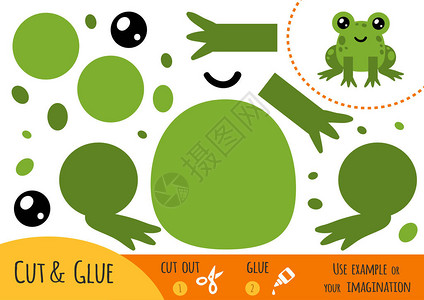 儿童教育纸游戏青蛙用剪刀和胶图片