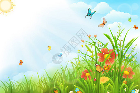美丽的夏天背景与绿草鲜花和蝴蝶图片