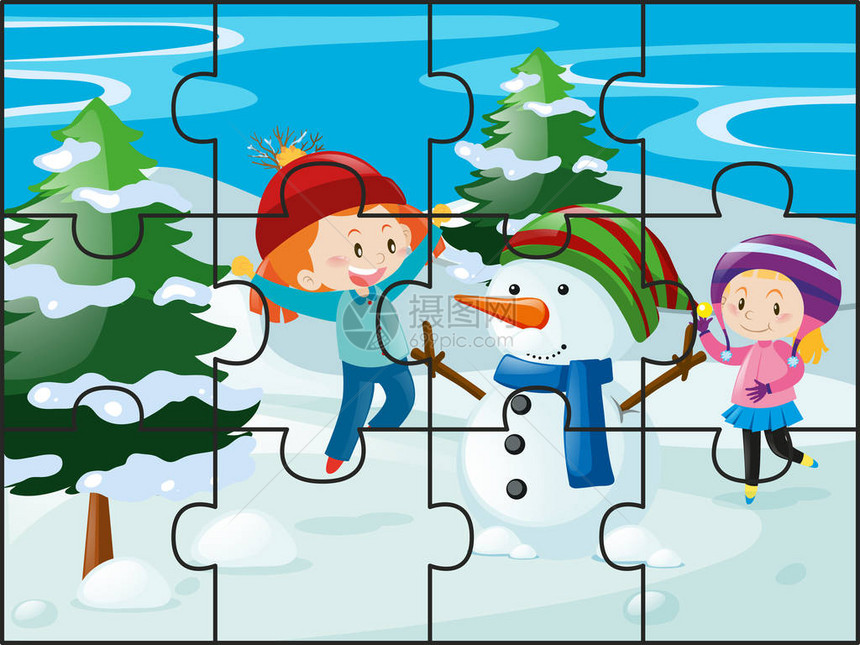 带有女孩和雪人插图的拼图游戏图片
