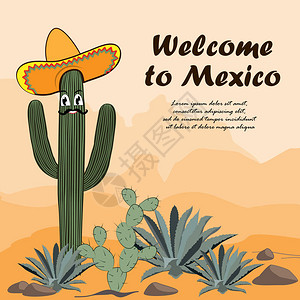 在阔边帽的仙人掌仙人掌欢迎来到墨西哥卡沙漠中的仙人掌仙人掌和龙舌兰矢图片