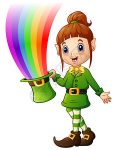 矢量说明卡通女孩Leprechaun戴有神图片