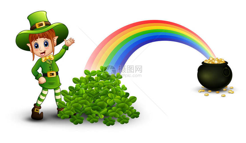 卡通女孩妖精站在彩虹旁满是金硬币和三图片