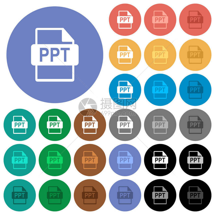 PPT文件格式圆形背景上的多色平面图标包括用于悬停和活动状态效果的白色浅色和深色图标变化图片