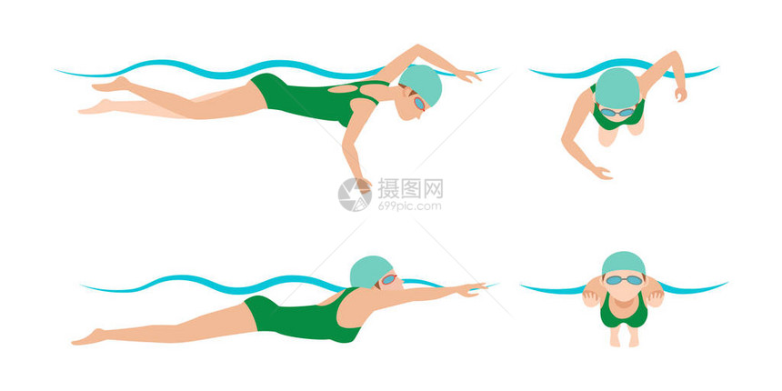 游泳风格计划的矢量插图不同游泳者男人和女人在泳池运动自由式动作能量锻炼中运动员护目镜图片