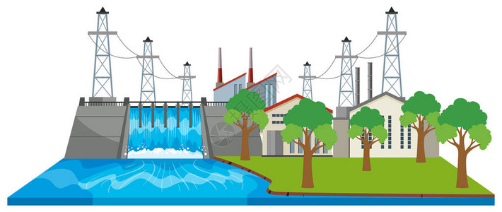 按河流图示分列的水坝和电力背景图片