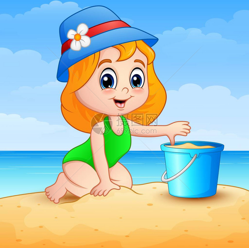 用矢量插图展示小女孩在海滩上图片