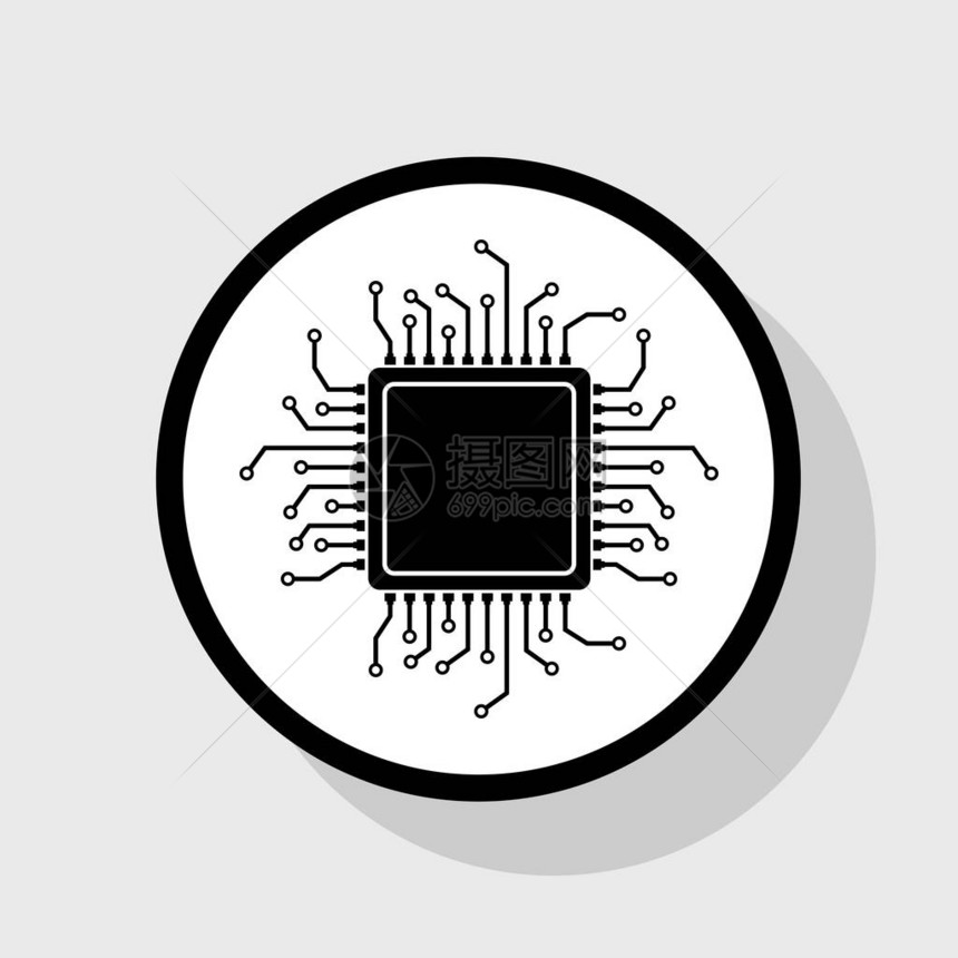 CPU微处理器插图向量白色圆圈中的扁平黑色图标图片