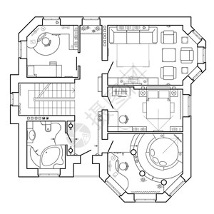 房子的黑白建筑计划公寓的布局与图纸视图中的家具有厨房和卫生间图片
