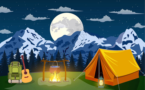 刺果柏帐篷营背包和刺果松林和岩石山活动插画