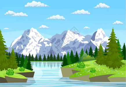 流经岩石山丘的河流与山的夏天风景河流和森林图片