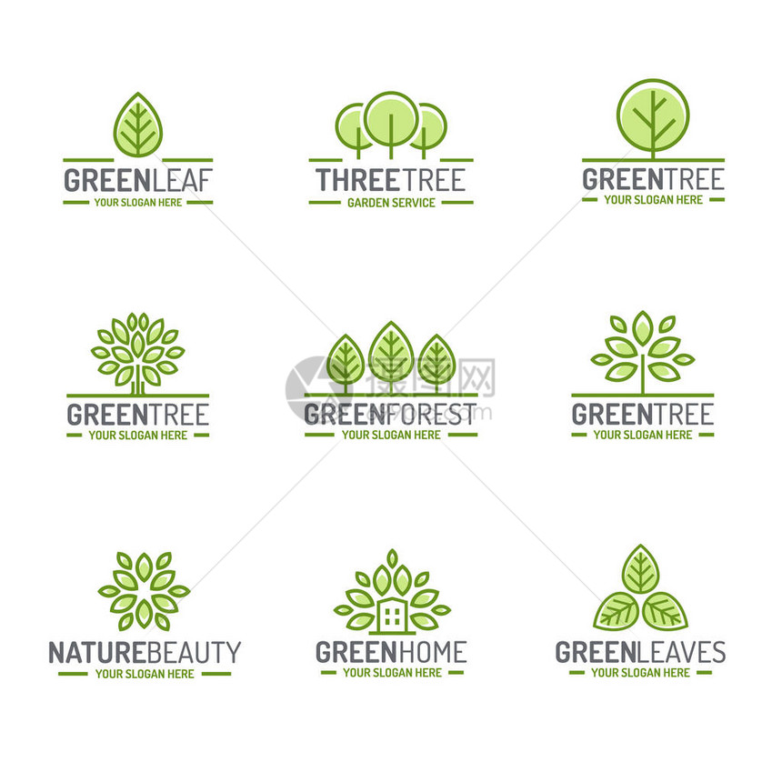 树木和树叶标志为有机商店生态公司自然公司天然产品商店替代药物绿色统一花园农业森林设置绿色平面图片
