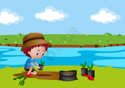 男孩在河边种树插图图片