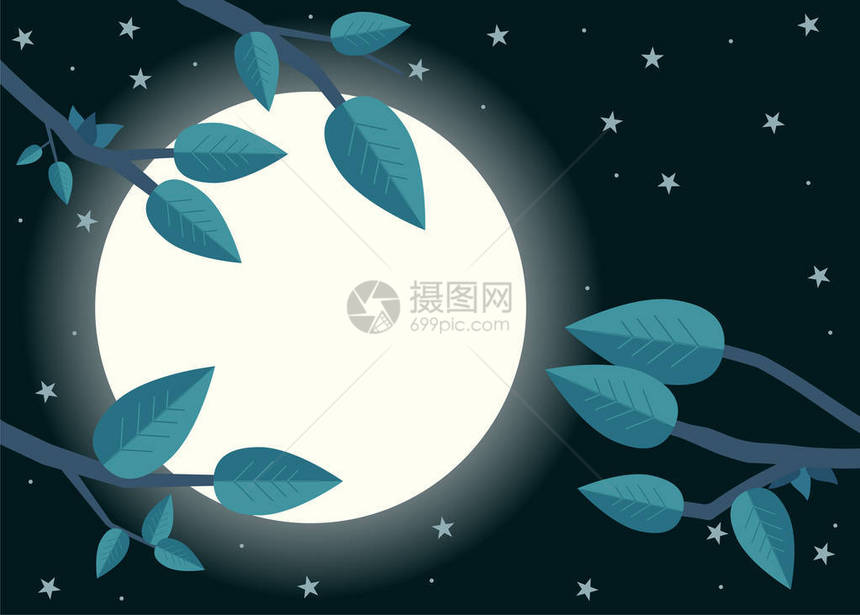 与月亮的卡通之夜平面矢量图解树木图片