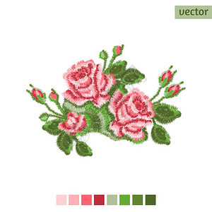 粉红玫瑰花朵刺绣白色背景色调盘矢图片