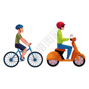 滑板车轻便摩托车和自行车骑手司机戴头盔的骑手侧视卡通矢量插图隔离在白色背景上背景图片
