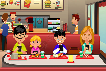 显示家庭在餐厅吃饭时用电子设备忙碌的矢量说明请查看InfoFin图片