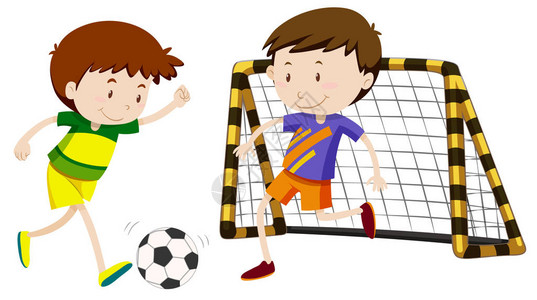 两个男孩踢足球插图图片