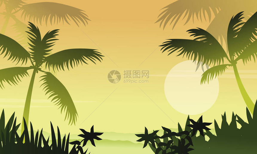 风景丛林与棕榈剪影矢量图图片