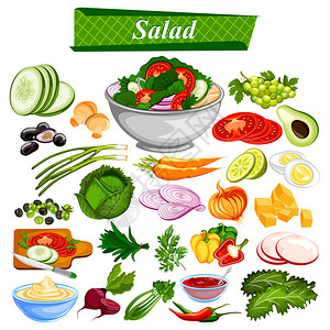 健康沙拉的食品和香料成分插图图片