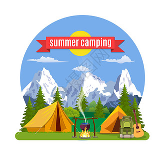 欢迎观临夏令营以帐篷篝火和山脉为背景的观自然假期和旅游矢量插画