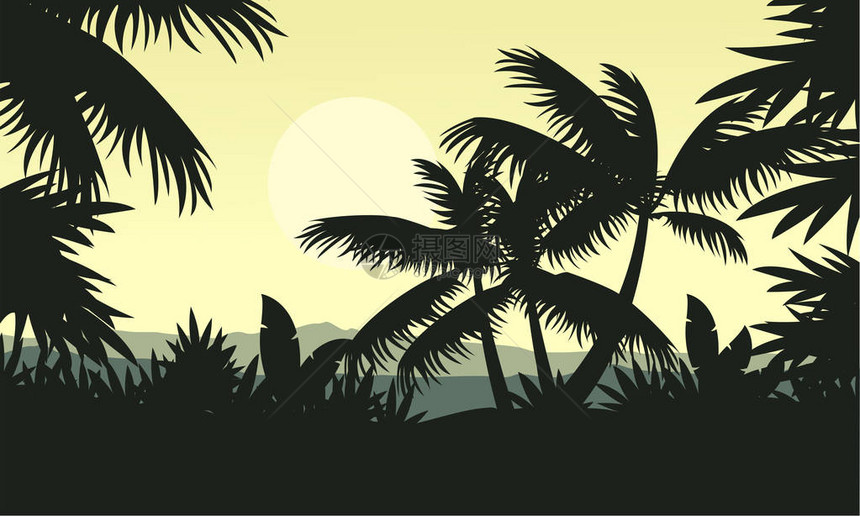 丛林风景矢量图上的棕榈树剪影图片