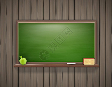 黑板上有青苹果粉笔和海绵矢量图图片