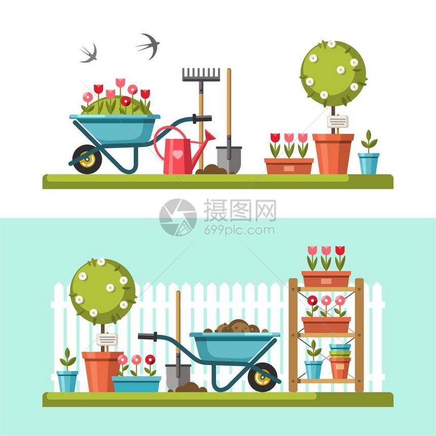园艺概念花园工具有夏花园景观的横图片