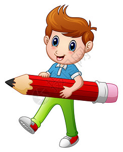 卡通男孩拿着铅笔的矢量插图背景图片