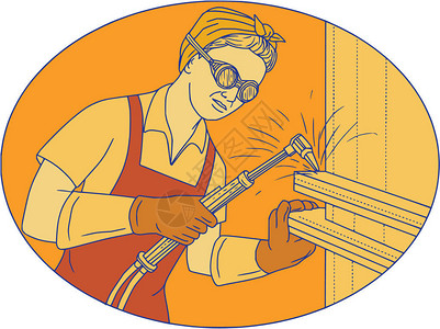 单线样式演示女焊接器的焊接用乙炔焊接火炬进行焊接图片