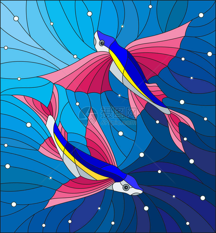 在水和气泡背景上用两条飞的鱼芒塔射线来说明染色玻璃的图片