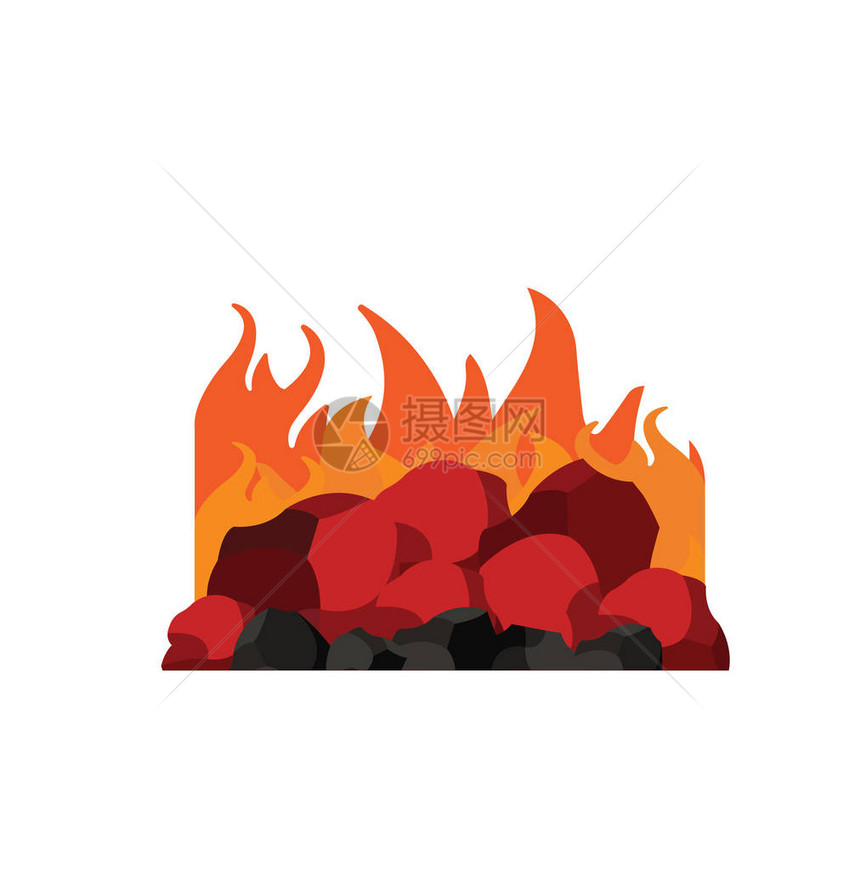一堆煤炭岩石其火焰在白色背景上隔图片