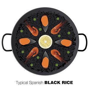 吉列虾烩饭西班牙典型黑色大米插画