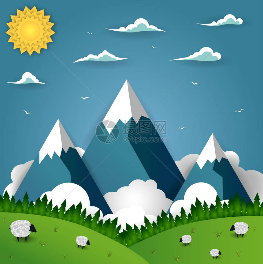 夏季山地景观与羊场高山草甸绿色山谷动物牧场森林和蓝天上的山脉纸艺风格中的自然图片