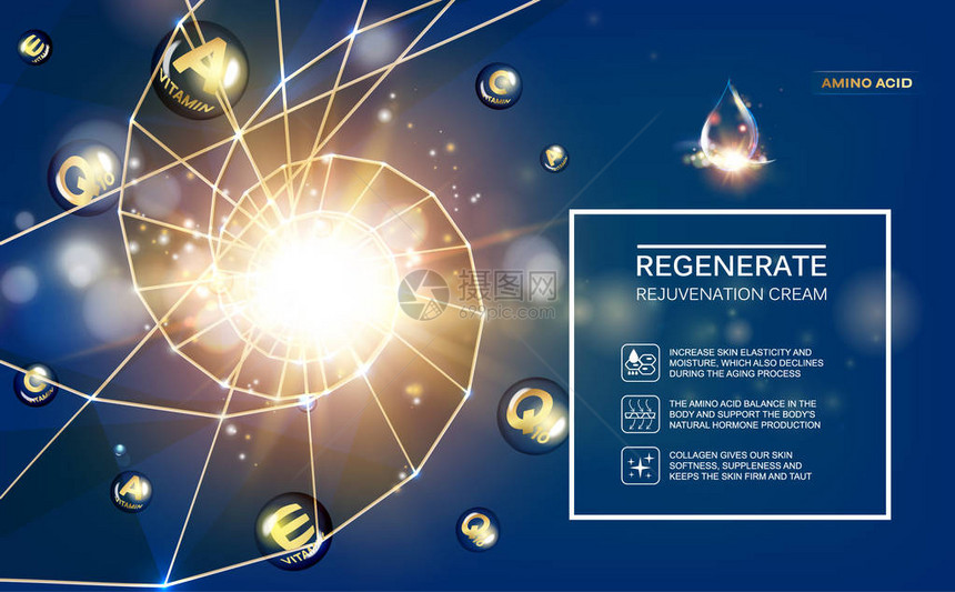 再生面霜和维生素复合物概念闪亮的精华液滴维生素E以球形的式下降蓝色和背景下的美容护肤图片
