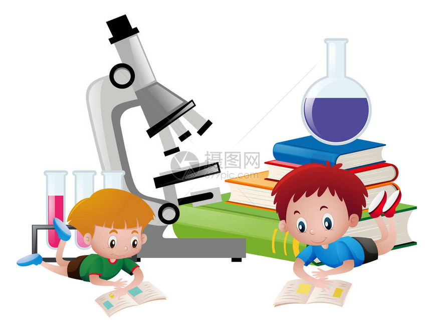2名男孩在背景图示中阅读书籍和科学设图片