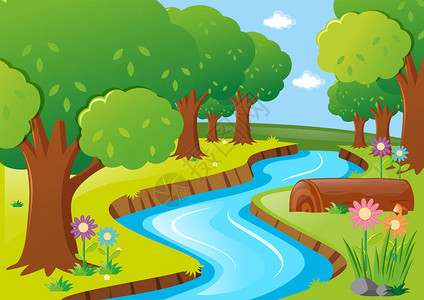 场景与河流和树木插图图片