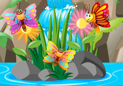 三只五颜六色的蝴蝶在瀑布图图片