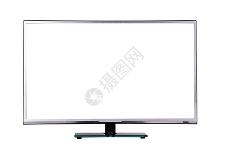 在白色背景上隔离的黑色玻璃支架上具有白色屏幕的现代超薄等离子电视图片