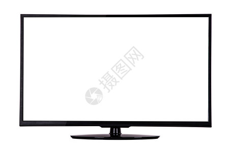 在白色背景上隔离的黑色支架上配备白色屏幕的现代超薄等离子电视图片