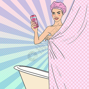 在浴室的美女与淋浴室Gel图片
