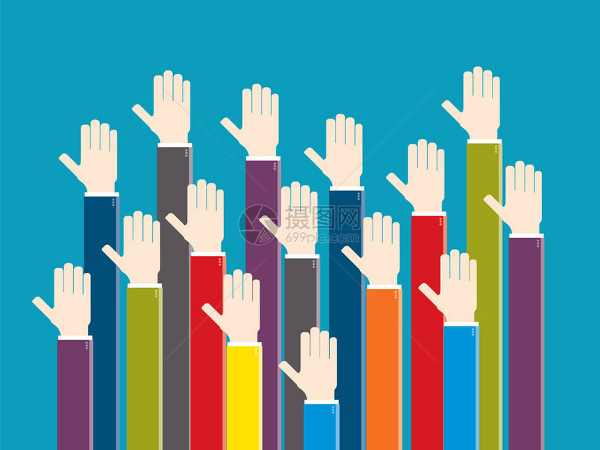 举手投票标志会议和意见志愿者合作投票和业务的概念矢图片