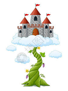 豆茎云中城堡卡通豆芽的矢量图解插画