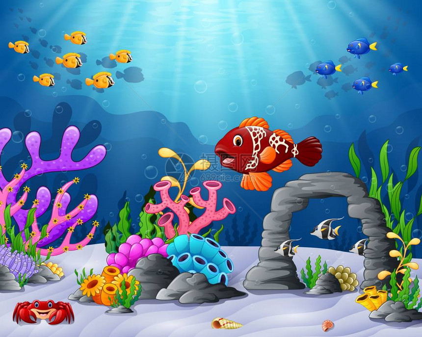 具有美丽的水下世界的卡通热带鱼图片