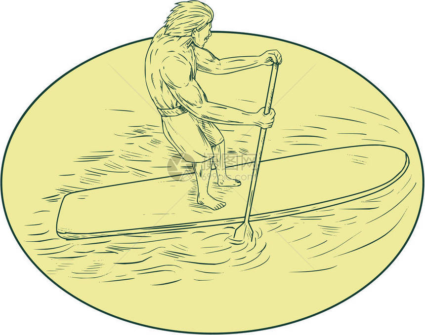 画草图风格插图一个冲浪者花公子在悬浮板上持有桨在从顶部角度观察的图片