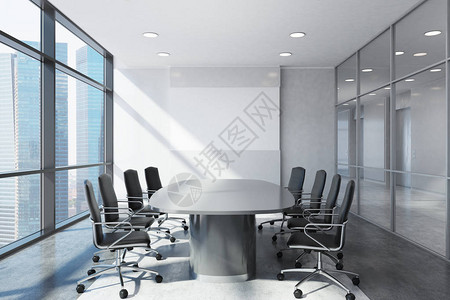 白色会议室前视线内侧有一张长桌和两排黑色办公椅水平海报3D翻贴背景图片