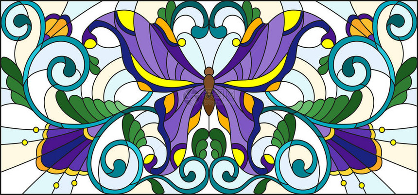 以光背景的亮蝴蝶和鲜花装饰品使用彩色玻璃图片