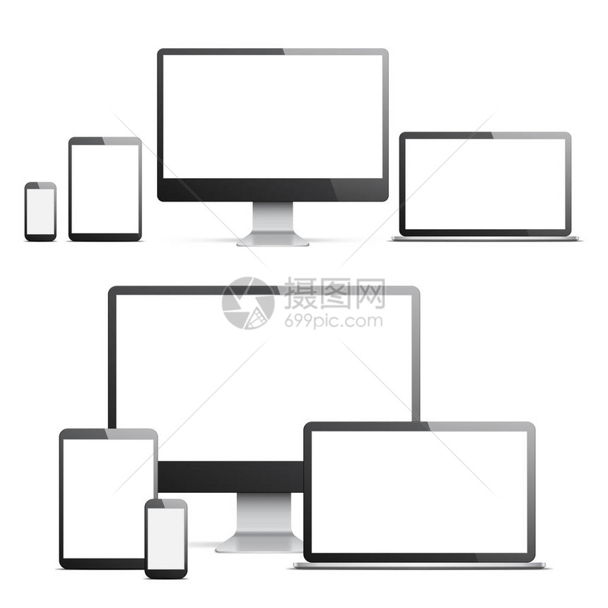 台式电脑笔记本电脑平板电脑和带空白屏幕的手机产图片