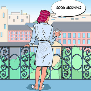 与城市风景交汇的Balcony佳丽女子饮水咖啡流行插画